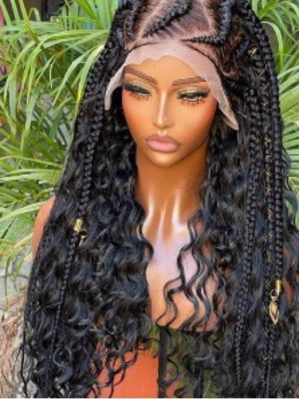Black Long Curly Box Braids Lace Front Wig - Women Hair